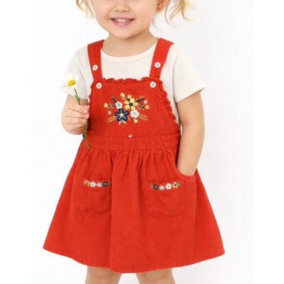 Babyhug Other - Corduroy Embroidered Overall Dress Toddler Girls 3-4 Y Orange Cotton Pinafore